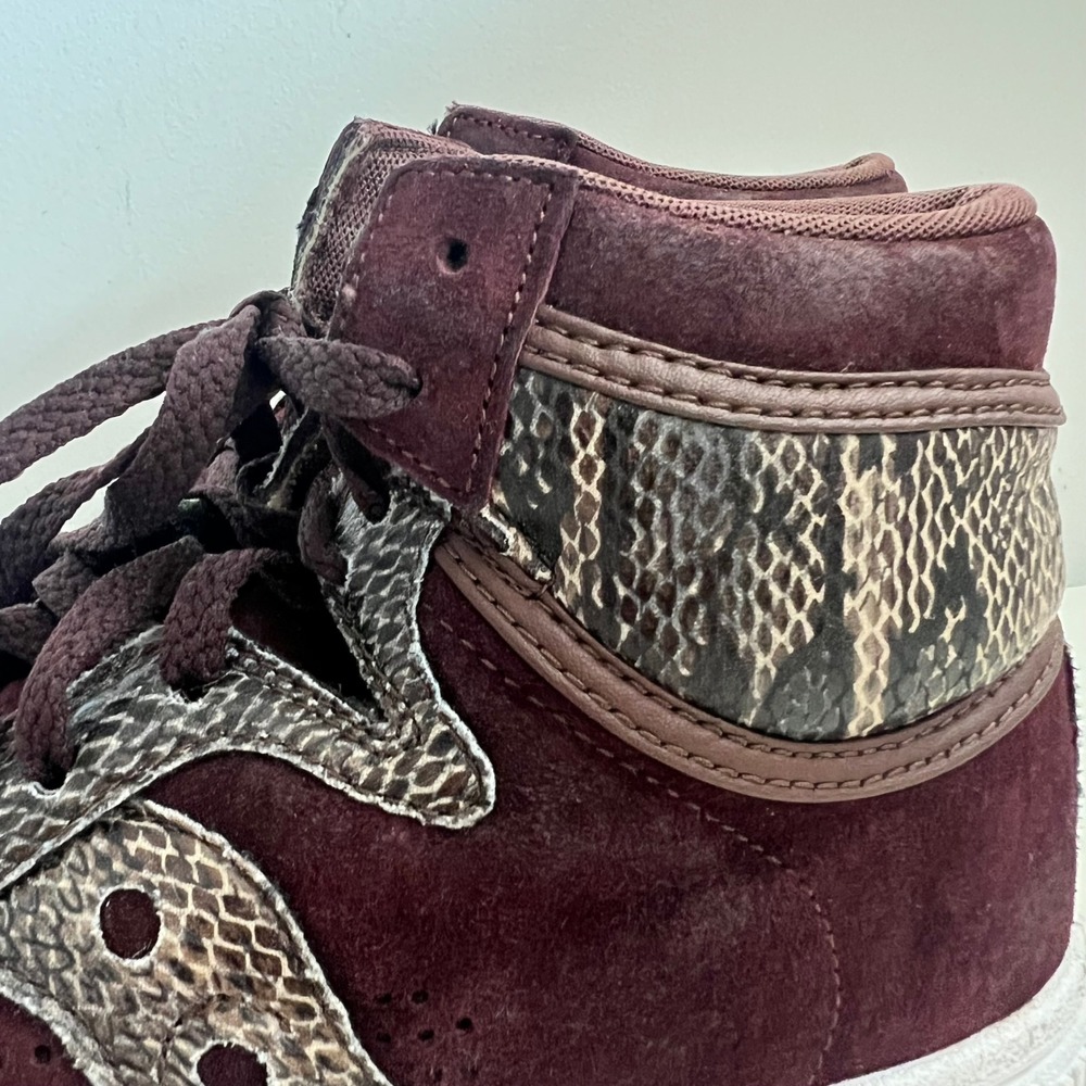 Saucony Packer Shoes Hangtime Hi Burgundy Suede Snakeskin Mens 7.5 70127-3